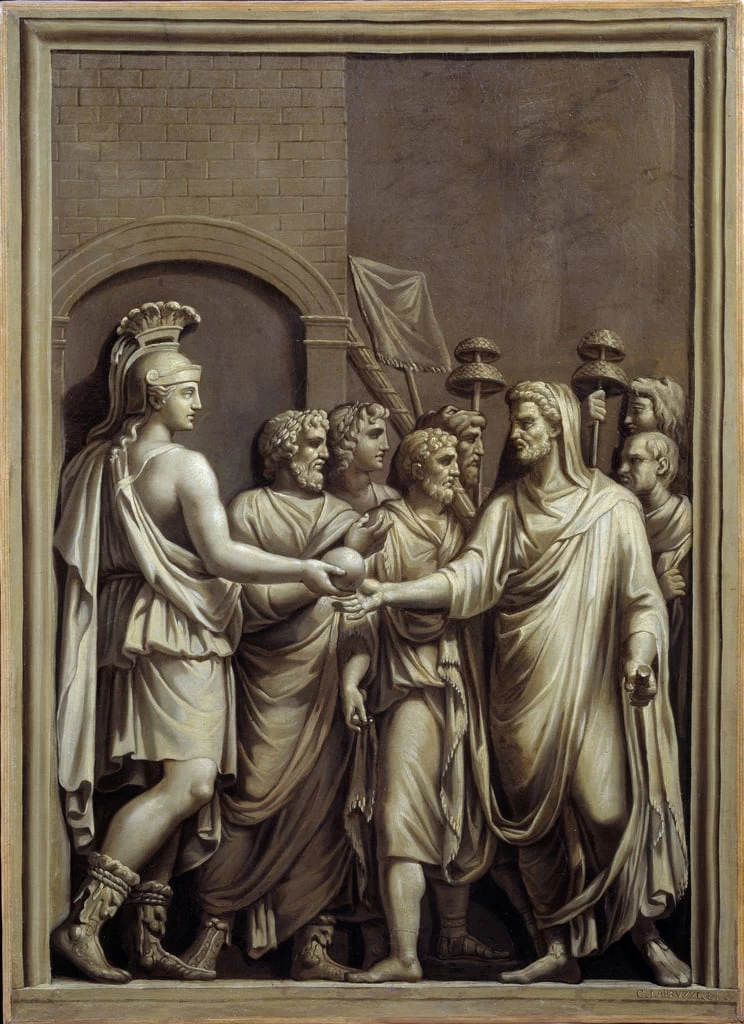 Roma antica - guerriero e uomo in toga che si scambiano una sfera, Musee des Beaux, Arts, Brest